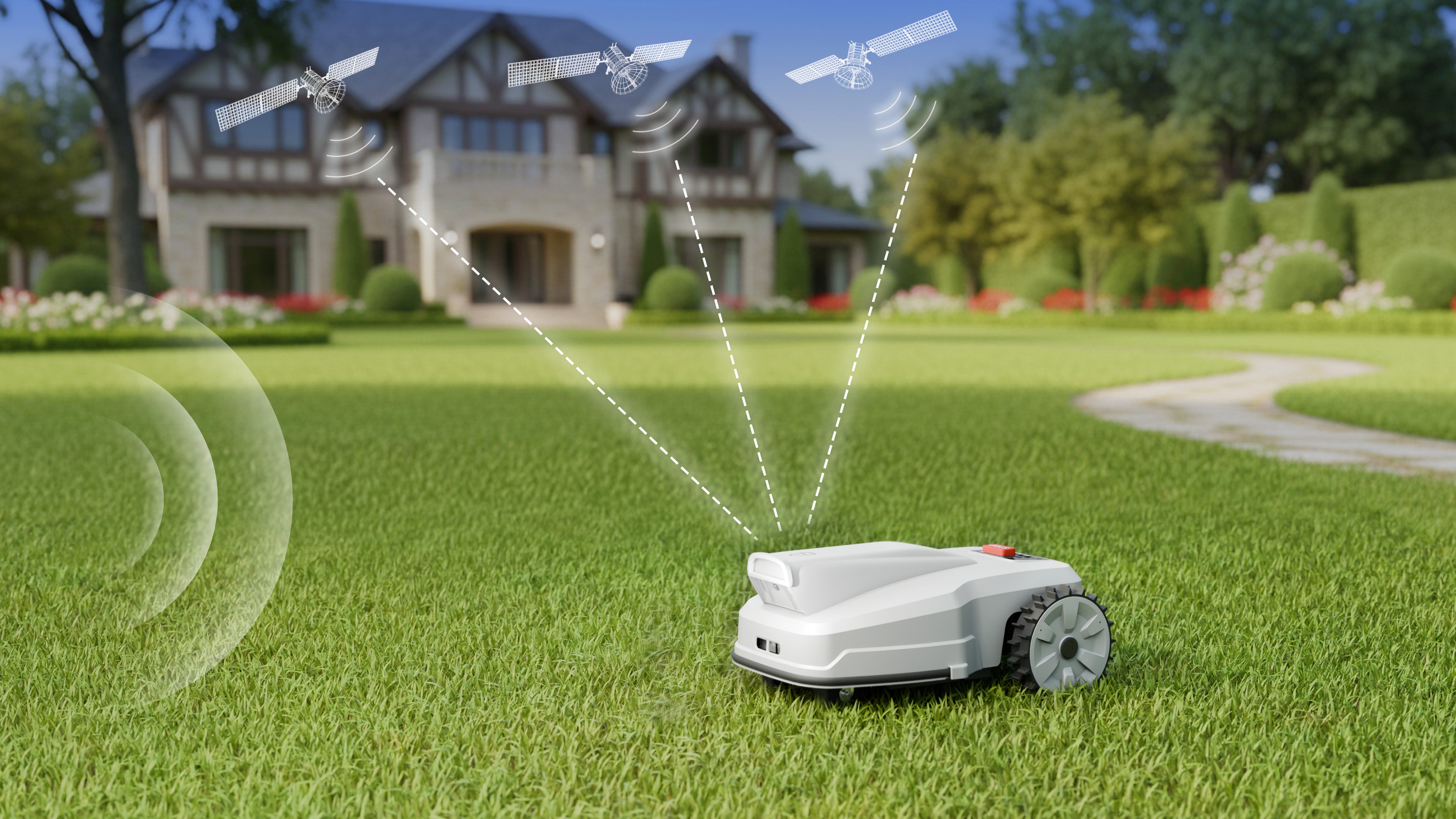 Robotic lawn mower on a well-maintained lawn with a house in the background