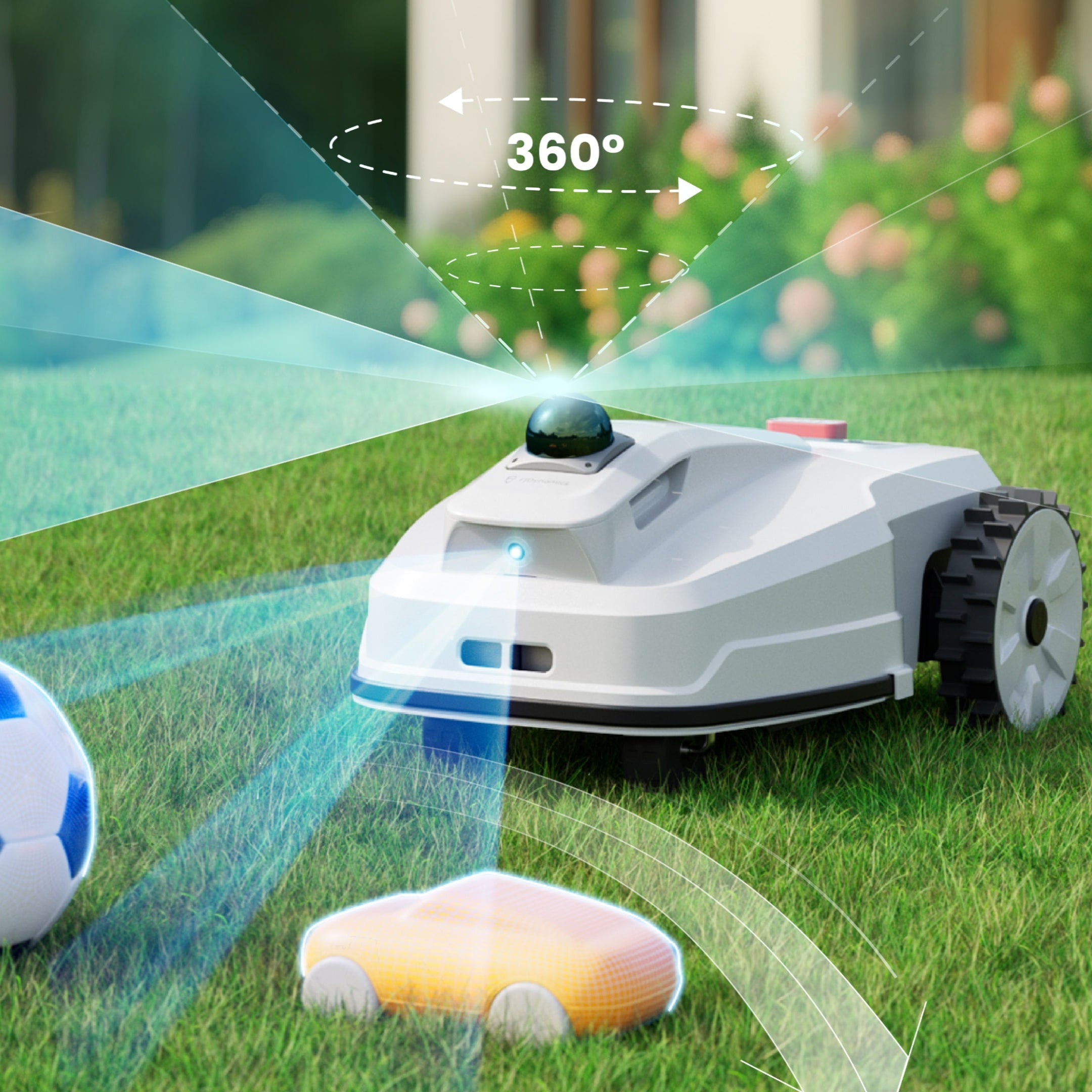 Robotic lawn mower on grass with smartphone app interface and soccer ball in the background
