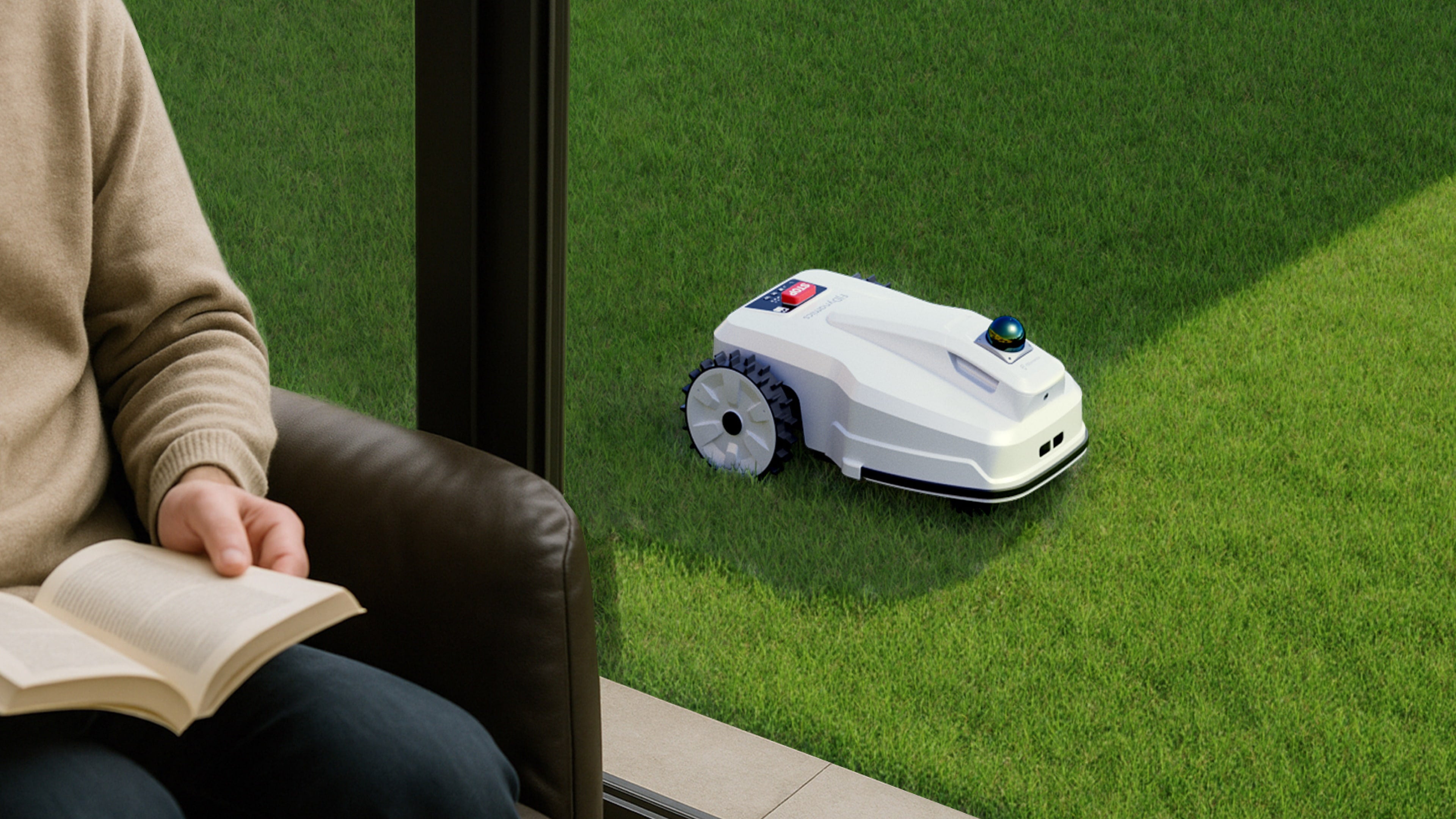 Robot lawn mower on a green lawn.