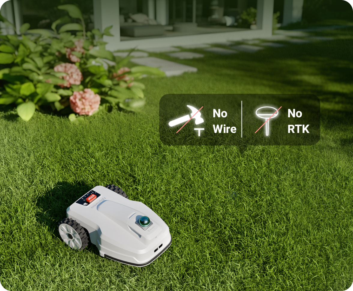 Robotic lawn mower on grass with text indicating 'No Wire' and 'No RTK'.